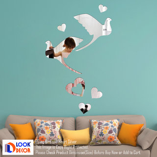                       Look Decor-2 Flying Bird And 5 Heart-(Silver-Pack of 7)-3D Acrylic Mirror Wall Stickers Decoration for Home Wall Office Wall Stylish and Latest Product Code Number 1351                                              