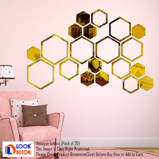 Look Decor-20 Shape Hexagon-(Golden-Pack of 20)-3D Acrylic Mirror Wall Stickers Decoration for Home Wall Office Wall Stylish and Latest Product Code Number 990
