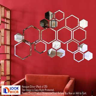                       Look Decor-20 Shape Hexagon-(Silver-Pack of 20)-3D Acrylic Mirror Wall Stickers Decoration for Home Wall Office Wall Stylish and Latest Product Code Number 1001                                              