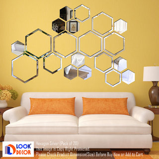                       Look Decor-20 Shape Hexagon-(Silver-Pack of 20)-3D Acrylic Mirror Wall Stickers Decoration for Home Wall Office Wall Stylish and Latest Product Code Number 1002                                              