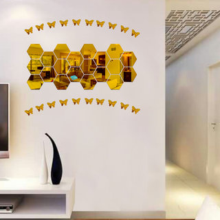                       Look Decor-20 Hexagon With Butterfly-(Golden-Pack of 20)-3D Acrylic Mirror Wall Stickers Decoration for Home Wall Office Wall Stylish and Latest Product Code Number 1043                                              