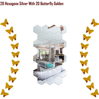                       Look Decor-28 Hexagon With Butterfly-(Silver-Pack of 28)-3D Acrylic Mirror Wall Stickers Decoration for Home Wall Office Wall Stylish and Latest Product Code Number 1058                                              