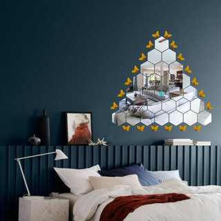                       Look Decor-28 Hexagon With Butterfly-(Silver-Pack of 28)-3D Acrylic Mirror Wall Stickers Decoration for Home Wall Office Wall Stylish and Latest Product Code Number 1060                                              