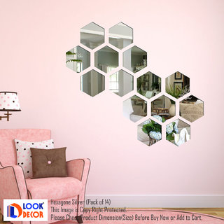 Look Decor-14 Hexagon-(Silver-Pack of 14)-3D Acrylic Mirror Wall Stickers Decoration for Home Wall Office Wall Stylish and Latest Product Code Number 1064