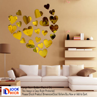                       Look Decor-12 Large 12 Small Heart-(Golden-Pack of 24)-3D Acrylic Mirror Wall Stickers Decoration for Home Wall Office Wall Stylish and Latest Product Code Number 1468                                              