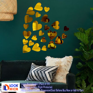                       Look Decor-12 Large 12 Small Heart-(Golden-Pack of 24)-3D Acrylic Mirror Wall Stickers Decoration for Home Wall Office Wall Stylish and Latest Product Code Number 1470                                              