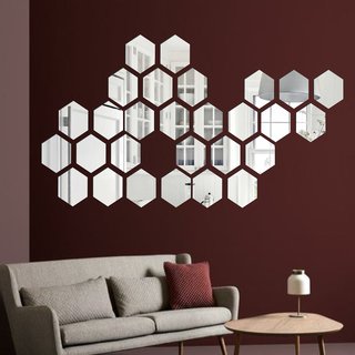                       Look Decor-28 Hexagon-(Silver-Pack of 28)-3D Acrylic Mirror Wall Stickers Decoration for Home Wall Office Wall Stylish and Latest Product Code Number 1106                                              