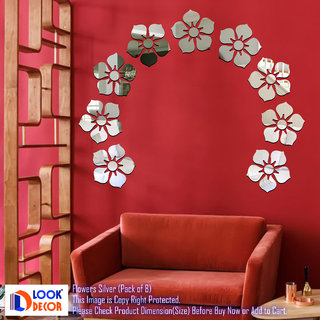                       Look Decor-8 Flowers-(Silver-Pack of 8)-3D Acrylic Mirror Wall Stickers Decoration for Home Wall Office Wall Stylish and Latest Product Code Number 1149                                              