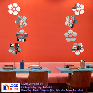                       Look Decor-8 Flowers-(Silver-Pack of 8)-3D Acrylic Mirror Wall Stickers Decoration for Home Wall Office Wall Stylish and Latest Product Code Number 1154                                              