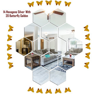                       Look Decor-14 Hexagon With Butterfly-(Silver-Pack of 14)-3D Acrylic Mirror Wall Stickers Decoration for Home Wall Office Wall Stylish and Latest Product Code Number 1008                                              