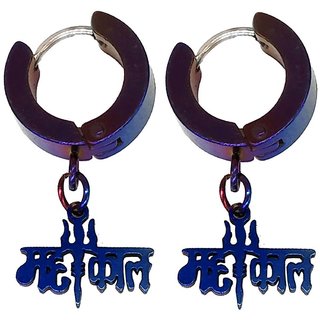                      Men Style Trishul Mahakal Charm Drop Huggie Blue Stainless Steel Hoop Earring                                              