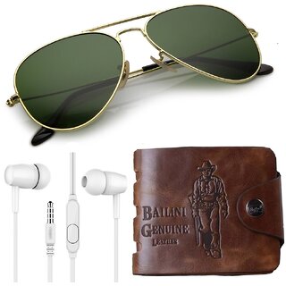 Adam Jones Green Aviator UV Protected Unisex Sunglasses With Free Ear Phone Assorted Color And Mens' Wallet