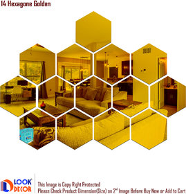 Look Decor-14 Hexagon-(Golden-Pack of 14)-3D Acrylic Mirror Wall Stickers Decoration for Home Wall Office Wall Stylish and Latest Product Code Number 141