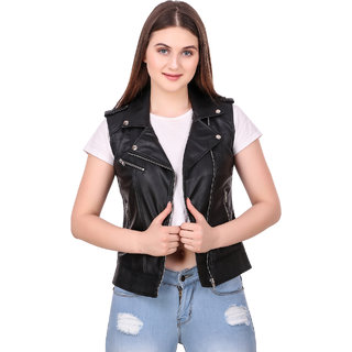                       Leather Retail Black colour  Cut Sleeve Girls Faux Leather Jacket                                              