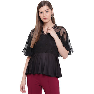 Texco Women Black Peplum Embroidered Lace Party Top