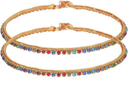 MissMister Gold Plated Brass Multi Colours CZ Stone Traditional Payal Pajeb Anklets for Women MM2167AKJS