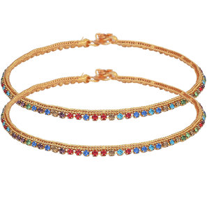                       MissMister Gold Plated Brass Multi Colours CZ Stone Traditional Payal Pajeb Anklets for Women MM2167AKJS                                              