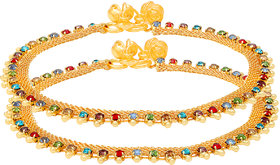 MissMister Pure Gold Coating Flat Chain, Colourful CZ Studded Rich payal pajeb Ghungroo Anklet for Women