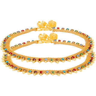                       MissMister Pure Gold Coating Flat Chain, Colourful CZ Studded Rich payal pajeb Ghungroo Anklet for Women                                              