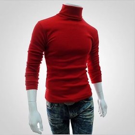 Pause Men Red Solid High Neck T Shirt