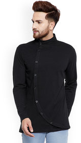 Pause Black Solid Mandarin  Slim Fit Full Sleeve Men'S Knitted Shirt