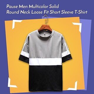Pause Men's Multicolor Solid Round Neck Loose Fit Short Sleeve T-Shirt