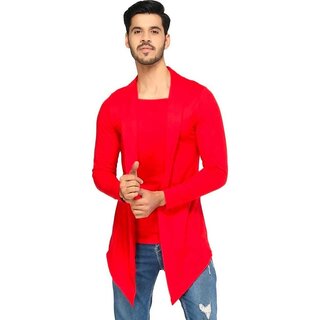 Pause Red Solid Cotton Shrug for Men
