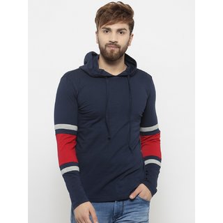 PAUSE Blue Solid Hooded Slim Fit Full Sleeve Men's T-Shirt