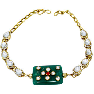                      MissMister Green Onyx Rectangle with Kundan Overlay Pear Shaped Stranded Gold Plated Bracelet Women Traditional                                              