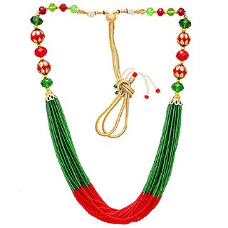                       MissMister Multistrand Red  Green Beaded Meena Work Adjustable Traditional Necklace Women                                              