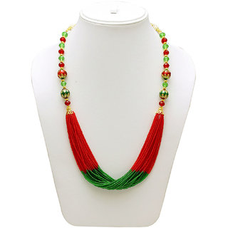                       MissMister Red and Green Multistrand Beaded Meena Work Adjustable Traditional Necklace for Women                                              