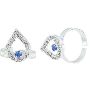                       MissMister Silver plated Pear shape design White andInk Blue CZ Adjustable Toe ring for Women                                              