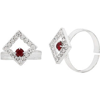                       MissMister Silver plated Square kite shape design White and Deep Red CZ Adjustable Toe ring for Women                                              