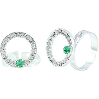                       MissMister Silver Plated Round Disc Shape Design White and Green CZ Adjustable Toe Ring for Women                                              