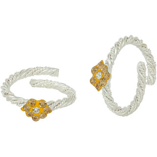                       MissMister Silver Plated Flower Shape Turmeric Yellow CZ Studded Rope Design Band Free Size  Adjustable Toe Ring for Women                                              