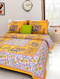 FrionKandy 100% Cotton Printed 120 TC Double Bed Sheet With 2 Pillow Covers - (82 Inch X 92 Inch, Yellow) SHKAP1038