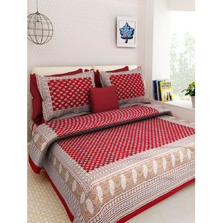 FrionKandy Red Cotton Paisley Ethnic 120 TC Double Bed Sheet With 2 Pillow Covers - (82 Inch X 92 Inch, Red) SHKAP1003