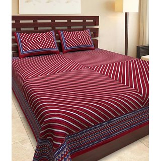 FrionKandy 100% Cotton Striped Print 120 TC Double Bed Sheet With 2 Pillow Covers - (82 Inch X 92 Inch, Red) SHKAP1010