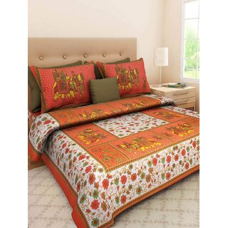 FrionKandy Orange Cotton Printed Double Bed Sheet With 2 Pillow Covers - ( 210 Cm X 235 Cm) SHKAP1034