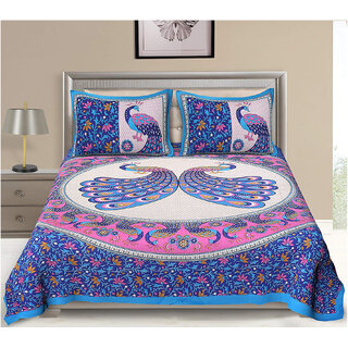 FrionKandy Cotton Animal Print Blue Double Bed Sheet with 2 Pillow Covers