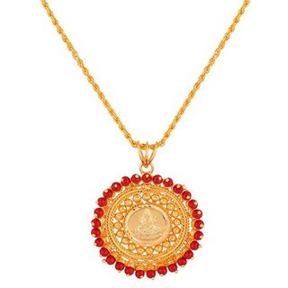                      MissMister Gold Plated Lakshmi Laxmi Pendant, Red Ruby Color Beads Studded Filigree Work Necklace mangalsutra for Women                                              