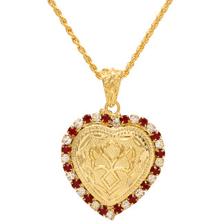                       MissMister Gold Plated Red  White CZ, Designer Heartshape Ethnic Traditional Fashion Chain Pendant Necklace Jewellery Women                                              