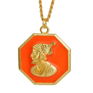                       MissMister Gold Plated Brass, Octagon Geometrical Shape, Orange Enamel, Shivaji Pendant Men Women Fashion Pendant                                              