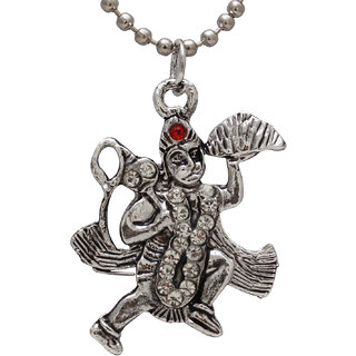                       MissMister Silver Plated Oxidized Antique CZ Studded Brass Flying Hanuman Bajrang Bali Chain Pendant Jewellery for Men and Women                                              