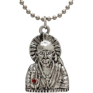                       MissMister White Silver Plated Brass Antique Finish Shirdi Sai Baba Pendant Necklace for Men and Women                                              