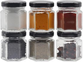 Glazzure Cute 50 ml Hexagon Shaped Airtight Glass Jar Containers for Honey, Spices  other Kitchen Items with Rust Proof Black Caps  Set of 6 pcs