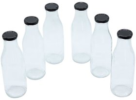 Glazzure Strong  Durable 500 ml Glass Bottles For Milk, Juice  Milkshakes with Rust Proof  Airtight Black Caps  Set of 6 pcs