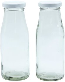 Glazzure Strong  Durable 200 ml Glass Bottles For Milk, Juice  Milkshakes with Rust Proof  Airtight White Caps  Set of 2 pcs