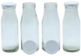 Glazzure Strong  Durable 200 ml Glass Bottles For Milk, Juice  Milkshakes with Rust Proof  Airtight White Caps  Set of 4 pcs