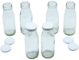 Glazzure Strong  Durable 200 ml Glass Bottles For Milk, Juice  Milkshakes with Rust Proof  Airtight White Caps  Set of 6 pcs